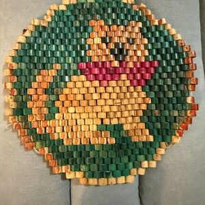 Vintage Dog Wood Beaded Trivet Hot Plate Double-Sided Green Brown